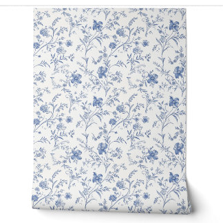 French Floral Charm Petite - Blue and Off-White Wallpaper