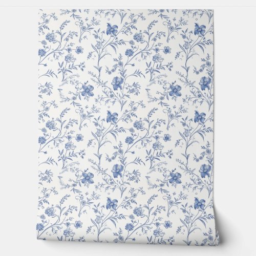 French Floral Charm Petite - Blue and Off-White Wallpaper