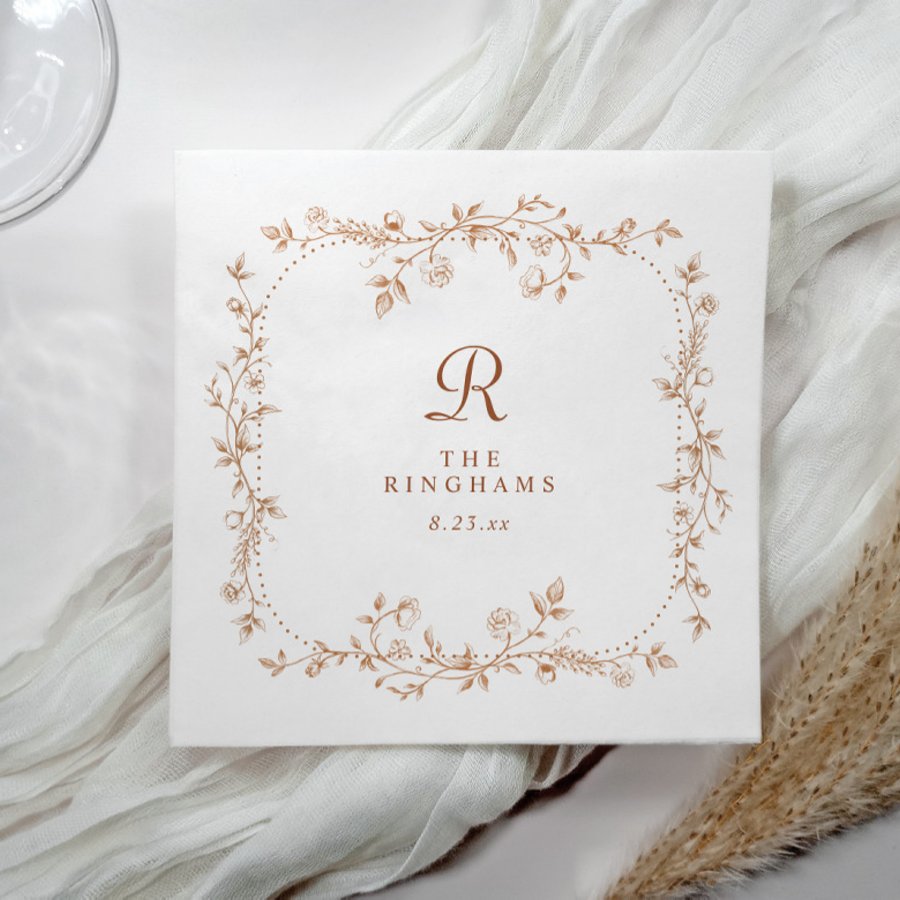 French Floral Copper Orange Monogram Wedding Napkins