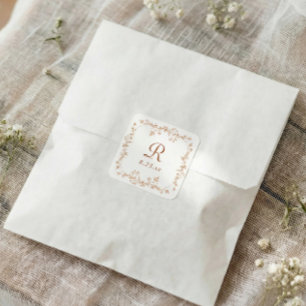 French Floral Copper Orange Monogram Wedding Square Sticker