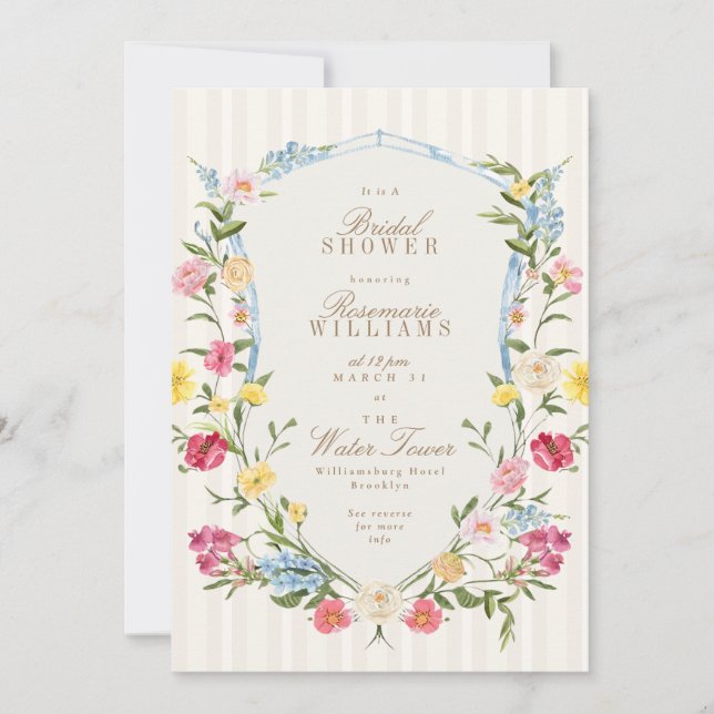 French floral crest cream pink blue bridal shower invitation (Front)
