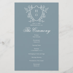 French Floral Crest Whimsical Blue Wedding Program