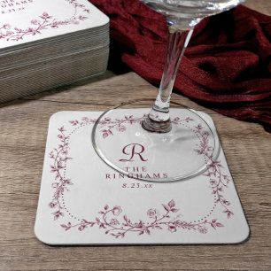 French Floral Dark Red Wine Monogram Wedding Square Paper Coaster