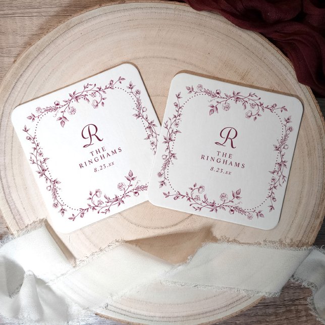 French Floral Dark Red Wine Monogram Wedding Square Paper Coaster (Wine Red Wedding Paper Coaster with Monogram and Elegant Floral Frame)