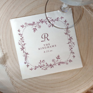 French Floral Dark Wine Red Monogram Wedding Napkins
