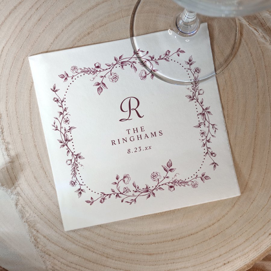 French Floral Dark Wine Red Monogram Wedding Napkins