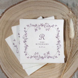 French Floral Eggplant Purple Monogram Wedding Napkins