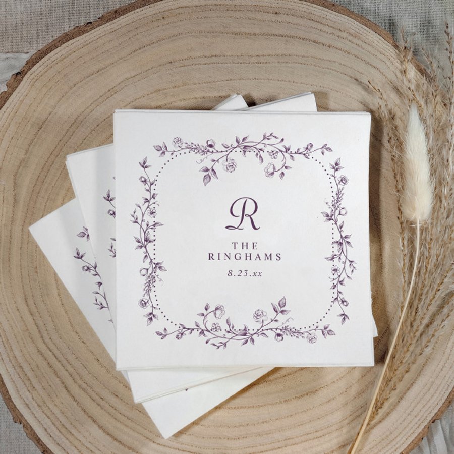 French Floral Eggplant Purple Monogram Wedding Napkins