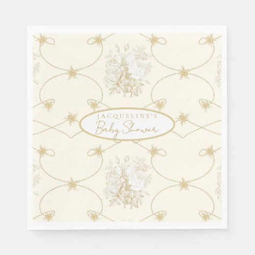 French Floral Elegant Bee Ivory Gold Personalized Napkins