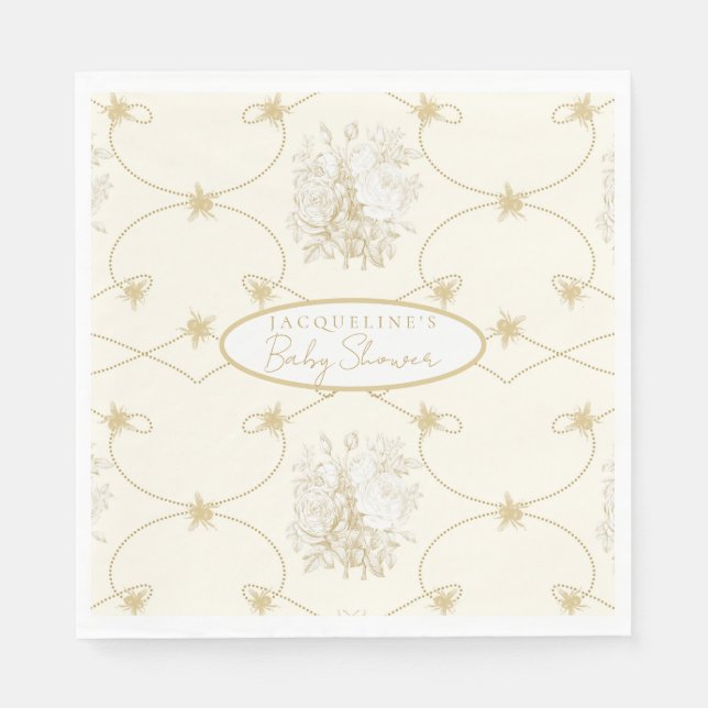 French Floral Elegant Bee Ivory Gold Personalized Napkins (Front)