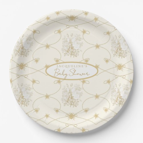 French Floral Elegant Bees Ivory Gold Personalized Paper Plates
