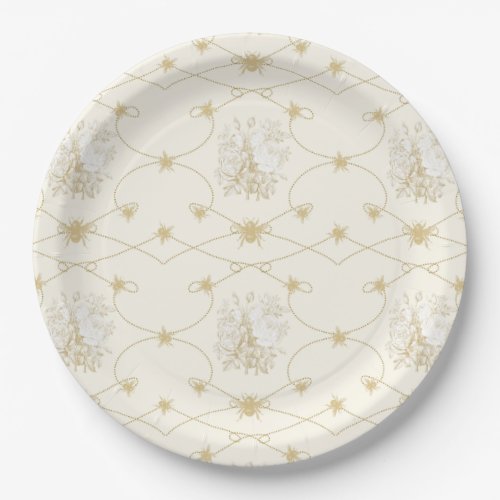 French Floral Elegant Bees Ivory Gold Shower Decor Paper Plates