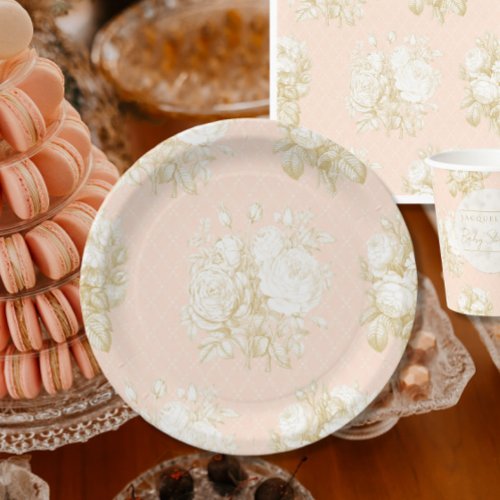 French Floral Elegant Toile Pink Gold Shower Decor Paper Plates