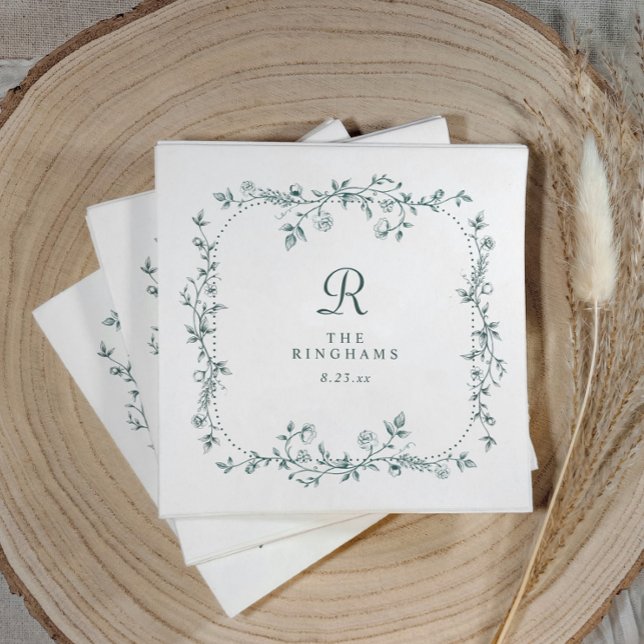 French Floral Emerald Green Monogram Wedding Napkins (Personalized emerald green napkin with vintage French floral frame design)