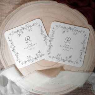 French Floral Gray Victorian Monogram Wedding Square Paper Coaster