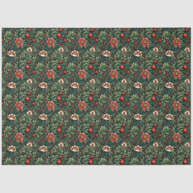 French Floral Joy: Red & Green Christmas Tissue Paper (Front)