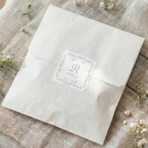 French Floral Lavender Purple Monogram Wedding Square Sticker