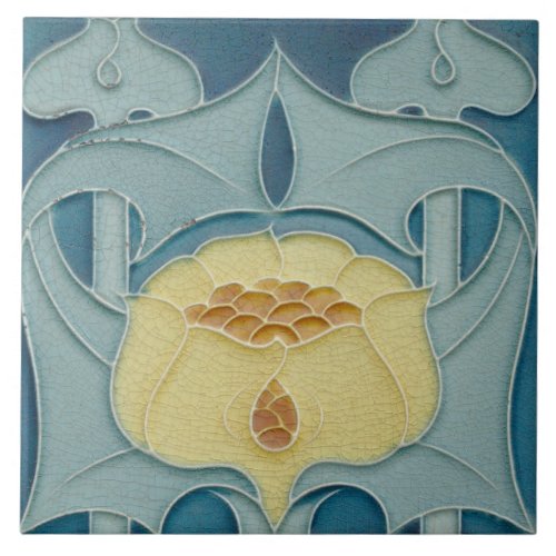 French Floral Maroon Art Nouveau Aqua Blue  Ceramic Tile