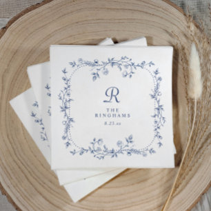 French Floral Navy Blue Victorian Monogram Wedding Napkins