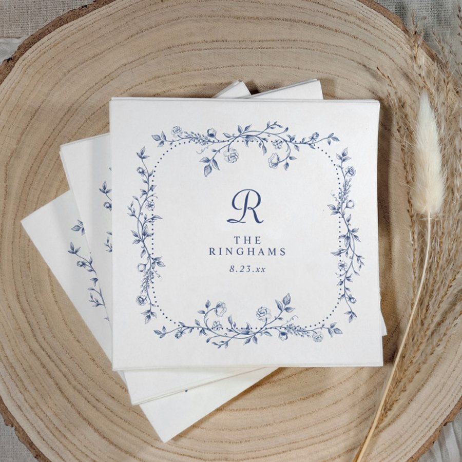 French Floral Navy Blue Victorian Monogram Wedding Napkins