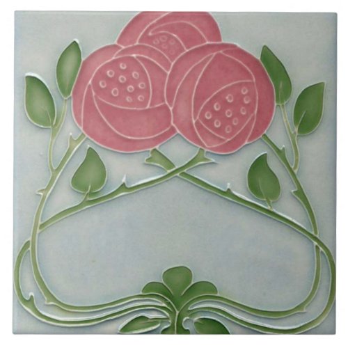 French Floral Roses Art Nouveau Pink Blue  Ceramic Tile