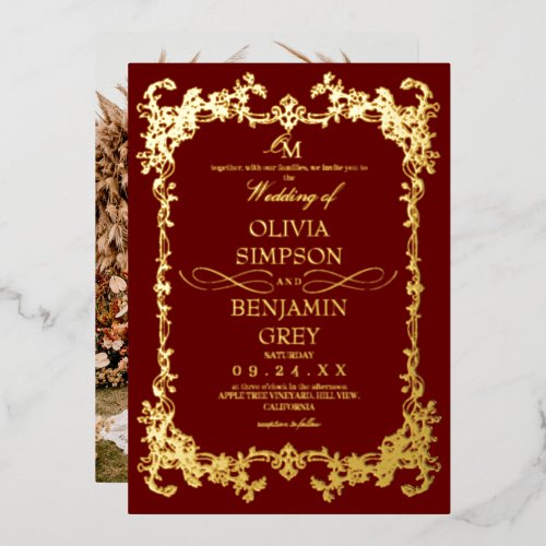 French Floral  Royal Red Gold Wedding Foil Invitation