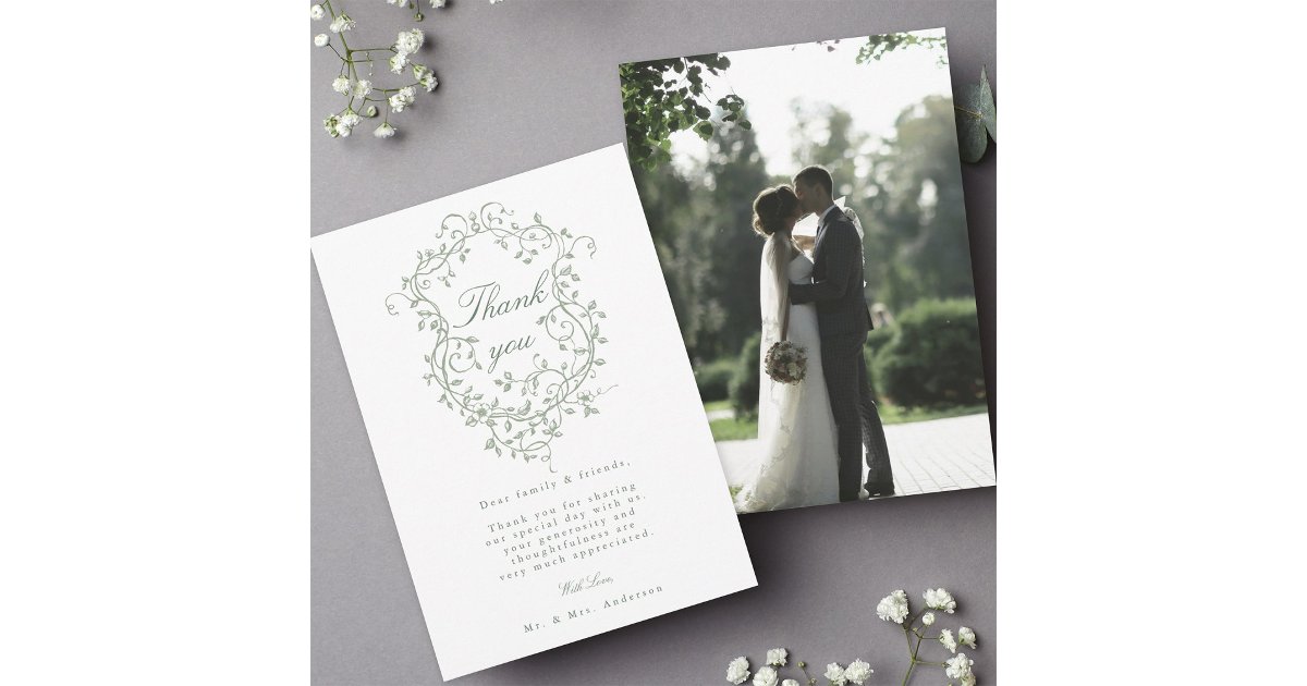 French Floral Sage Green Crest Wedding Photo Thank You Card | Zazzle