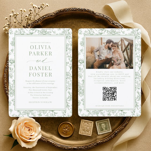 French Floral Sage Green QR Code Wedding Invitation (Creator Uploaded)