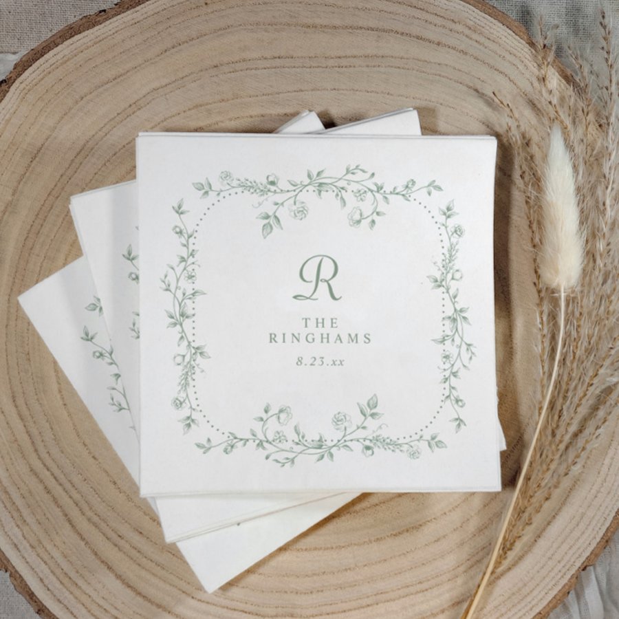 French Floral Sage Green Vintage Monogram Wedding Napkins
