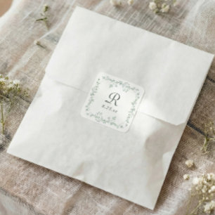French Floral Sage Green Vintage Monogram Wedding Square Sticker