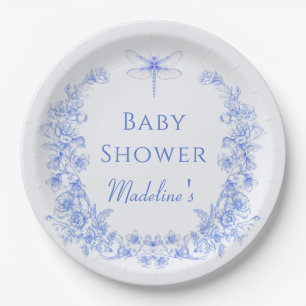 French Floral Something Blue Dragonfly Baby Shower Paper Plates