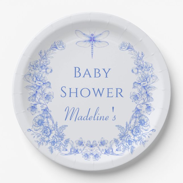 French Floral Something Blue Dragonfly Baby Shower Paper Plates (Front)