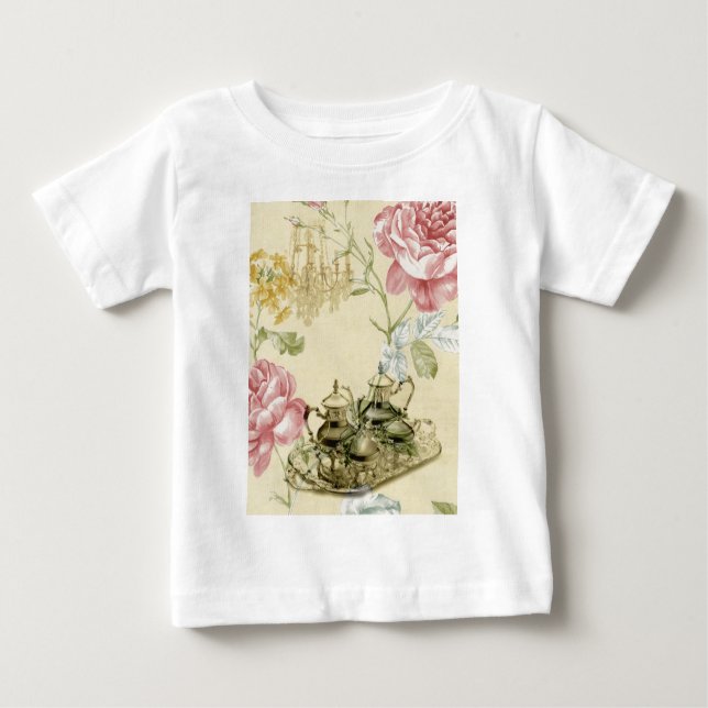 French floral Teacup Teapot Paris Tea Party Baby T-Shirt (Front)