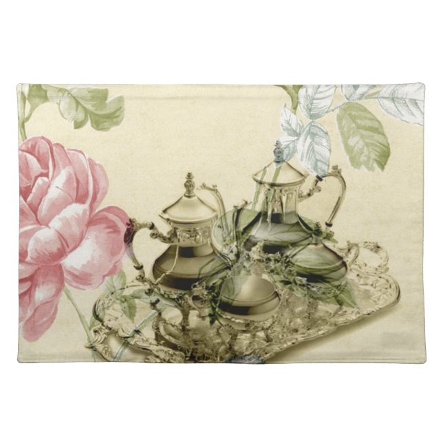 French floral Teacup Teapot Paris Tea Party Cloth Placemat (Front)