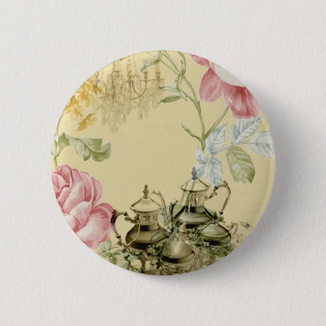 French floral Teacup Teapot Paris Tea Party Pinback Button (Front)