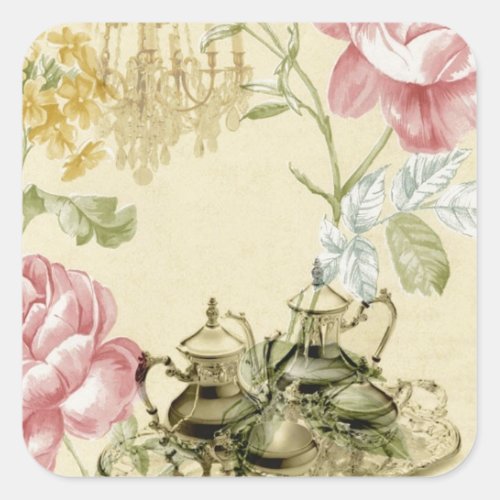 French floral Teacup Teapot Paris Tea Party Square Sticker