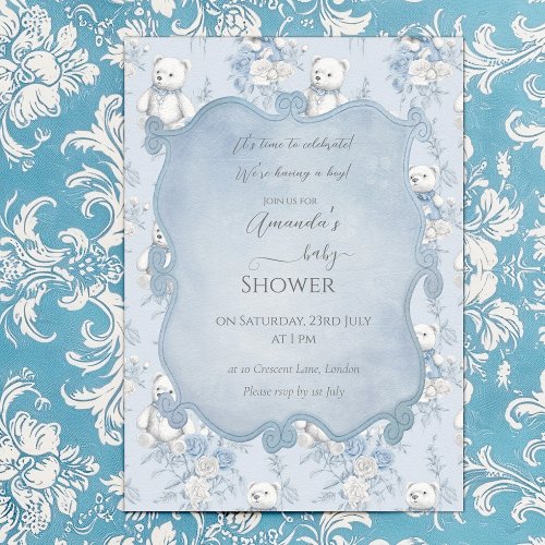  French Floral Toile and Bear Baby Shower Invitation