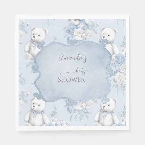 French Floral Toile and Bear Baby Shower Napkins