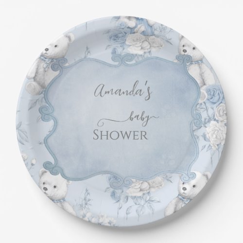 French Floral Toile and Bear Baby Shower Paper Plates