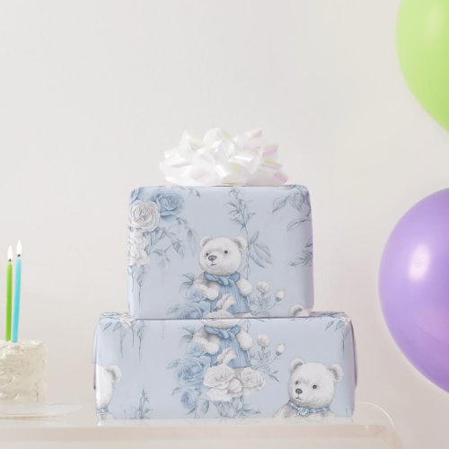 French Floral Toile and Bear Baby Shower Wrapping Paper