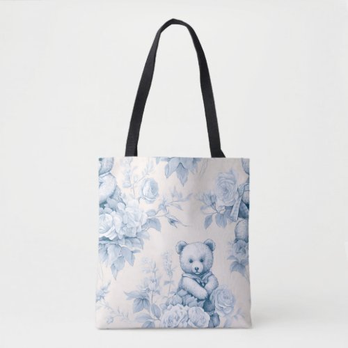 French Floral Toile and Bear Tote Bag
