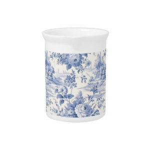 French floral toile blue beverage pitcher