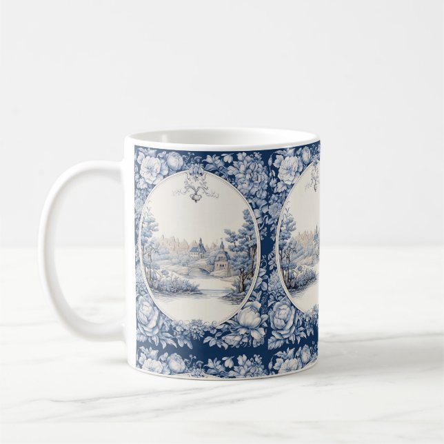 French floral toile blue coffee mug (Left)