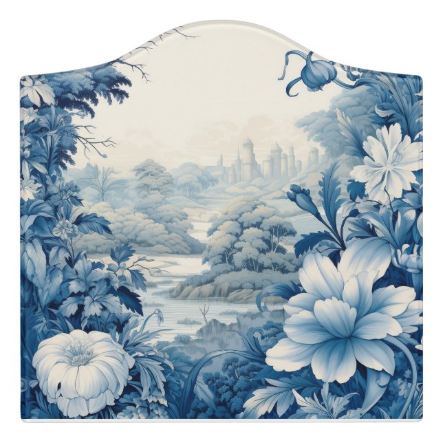 French floral toile blue door sign (Large Crest Front)