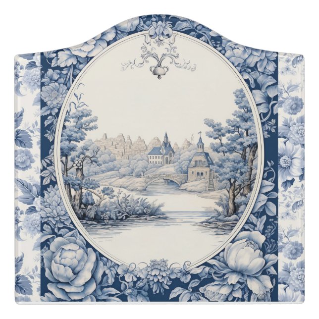 French floral toile blue door sign (Large Crest Front)