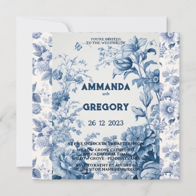 French Floral Toile Blue Invitation (Front)