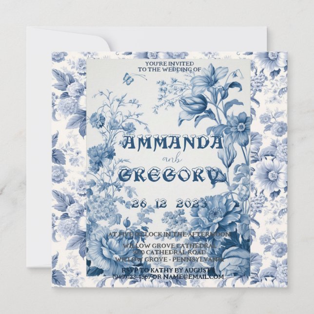 French Floral Toile Blue Invitation (Front)