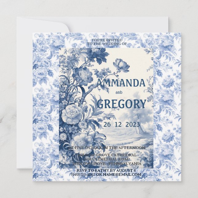 French Floral Toile Blue Invitation (Front)