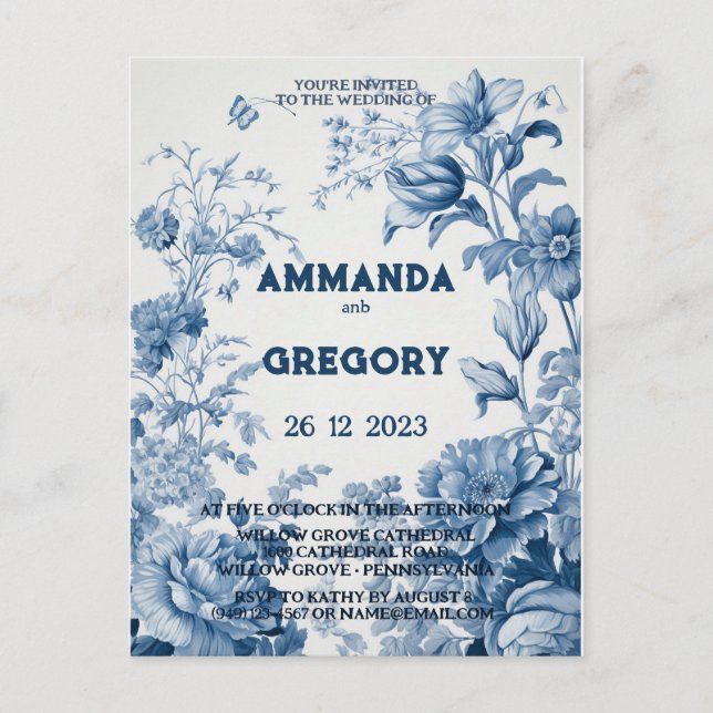 French Floral Toile Blue Invitation Postcard (Front)