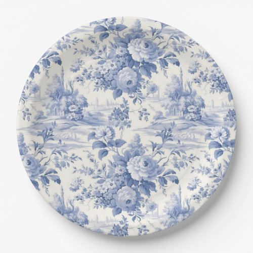 French floral toile blue paper plates